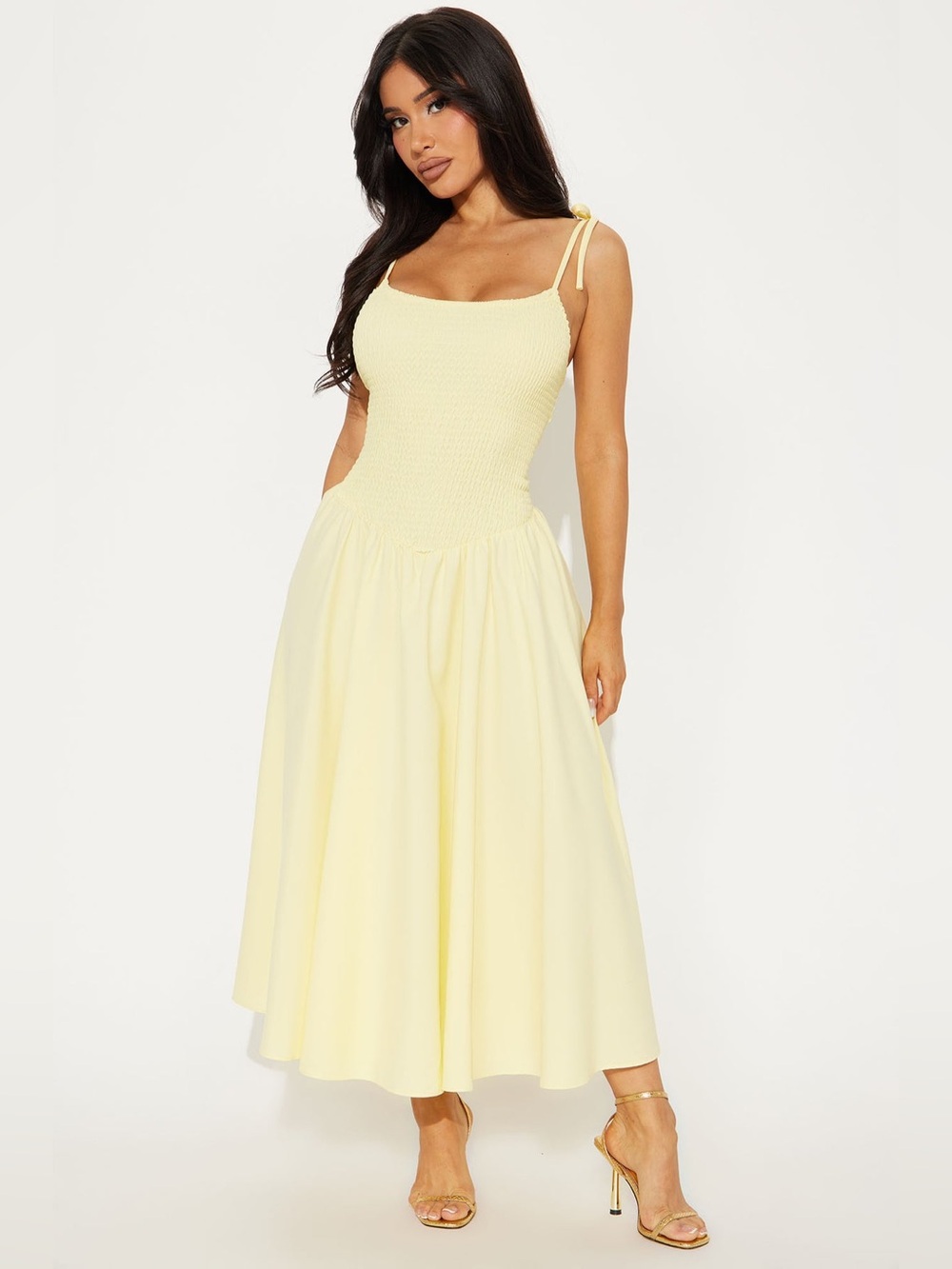 Fashion Nova Yellow Smocked Tie-Strap Midi Dress